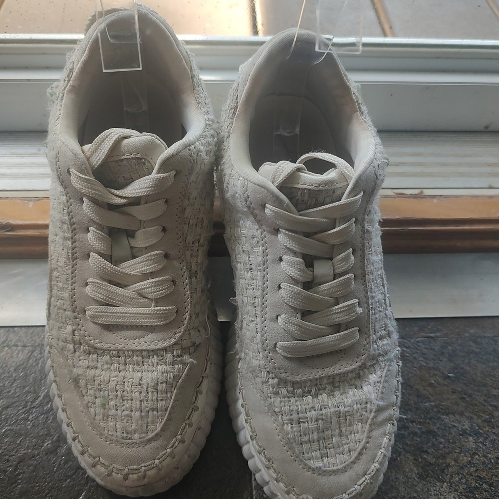 Womens Cream Tweed Platform Sneakers Whipstitch Detail Speckled Sole Size 6 - Picture 6 of 6